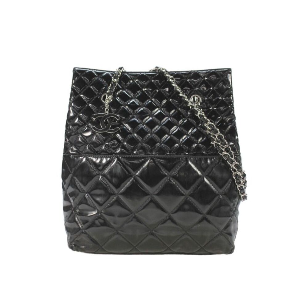 Chanel Womens Patent Leather Logo Charm Quilted Tote Handbag Black